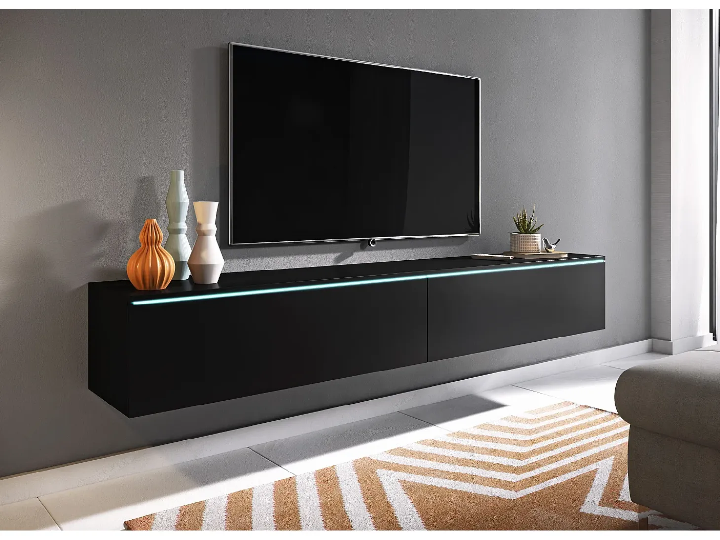 Mueble de TV moderno 180 cm para salón – 2 puertas, sin tiradores, acabado mate, para colocar o colgar, grafito negro