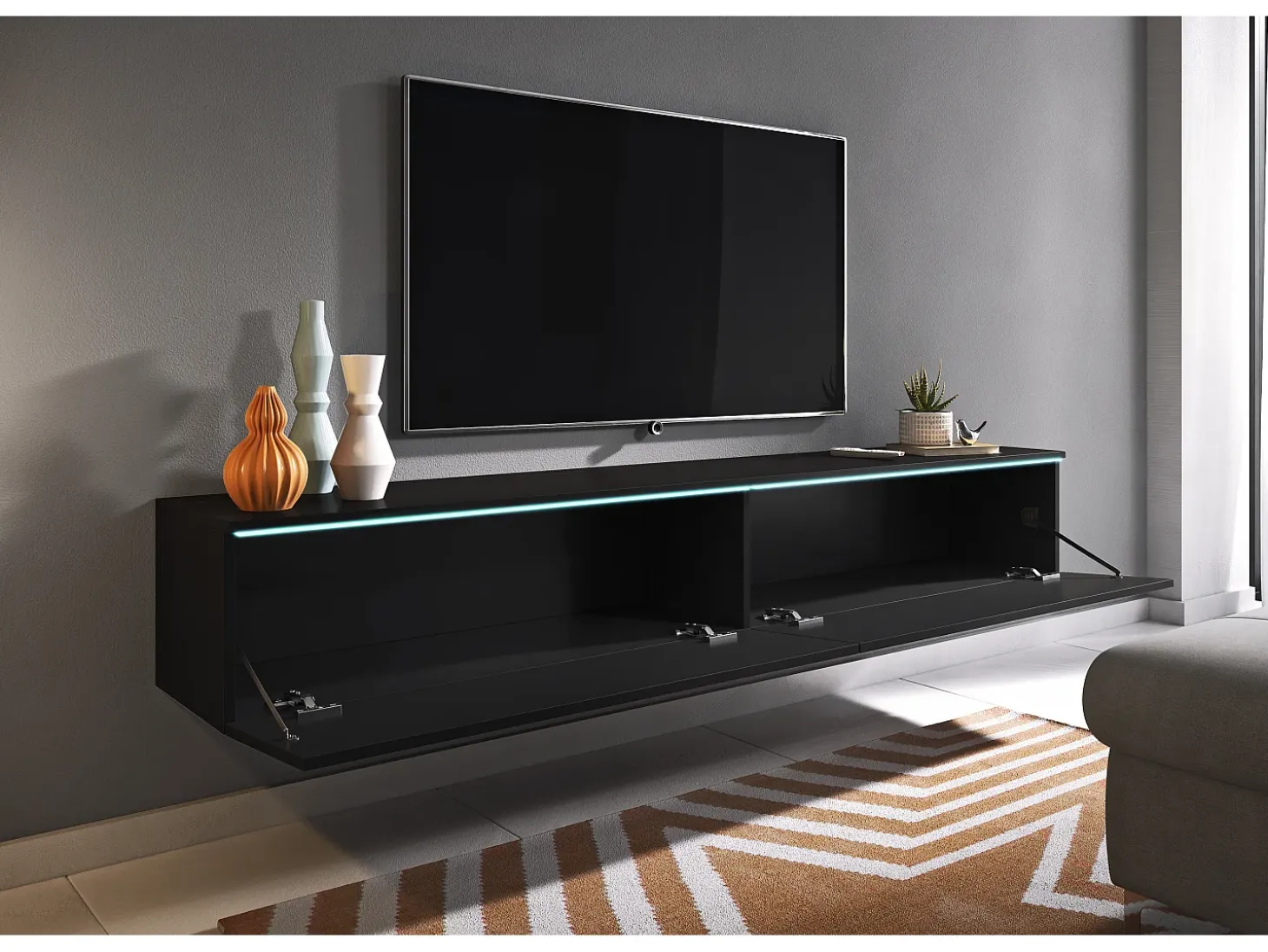 Mueble de TV moderno 180 cm para salón – 2 puertas, sin tiradores, acabado mate, para colocar o colgar, grafito negro