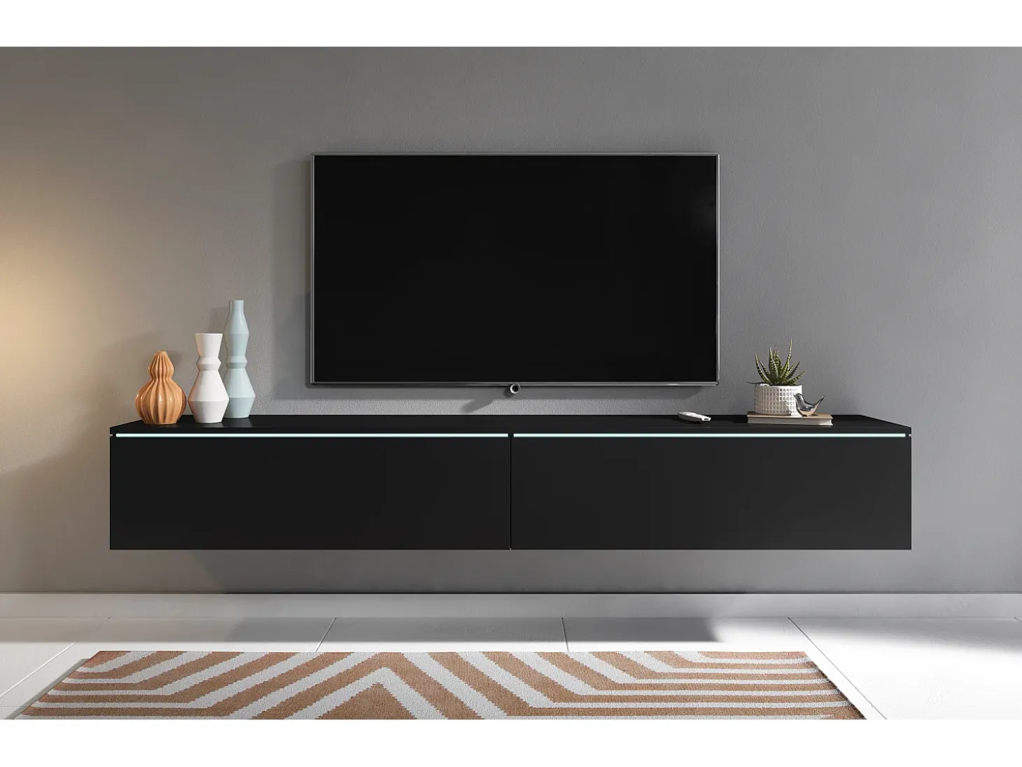 Mueble de TV moderno 180 cm para salón – 2 puertas, sin tiradores, acabado mate, para colocar o colgar, grafito negro