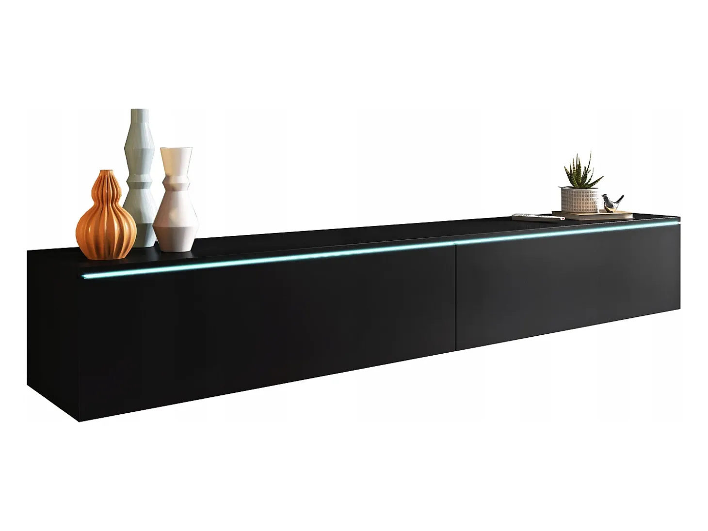 Mueble de TV moderno 180 cm para salón – 2 puertas, sin tiradores, acabado mate, para colocar o colgar, grafito negro