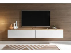 Mueble de TV moderno 180 cm para salón con LED – 2 puertas, sin tiradores, cuerpo roble wotan, frentes blanco brillo, de pie o suspendido