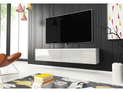 Mueble de TV moderno 140 cm para salón – 2 puertas sin tiradores, cuerpo blanco mate / frentes blanco brillo, de pie o colgante