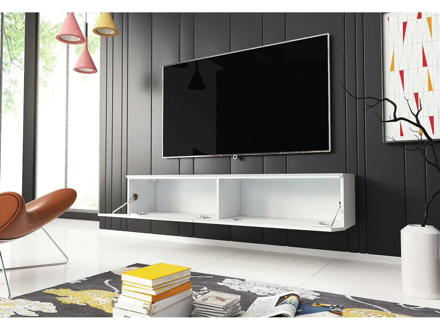 Mueble de TV moderno 140 cm para salón – 2 puertas sin tiradores, cuerpo blanco mate / frentes blanco brillo, de pie o colgante