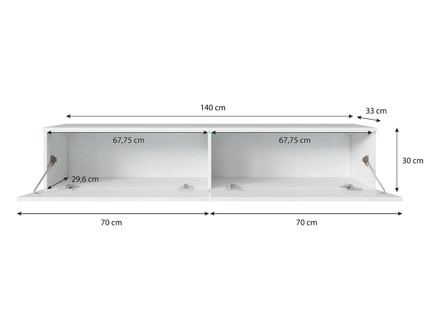 Mueble de TV moderno 140 cm para salón – 2 puertas sin tiradores, cuerpo blanco mate / frentes blanco brillo, de pie o colgante