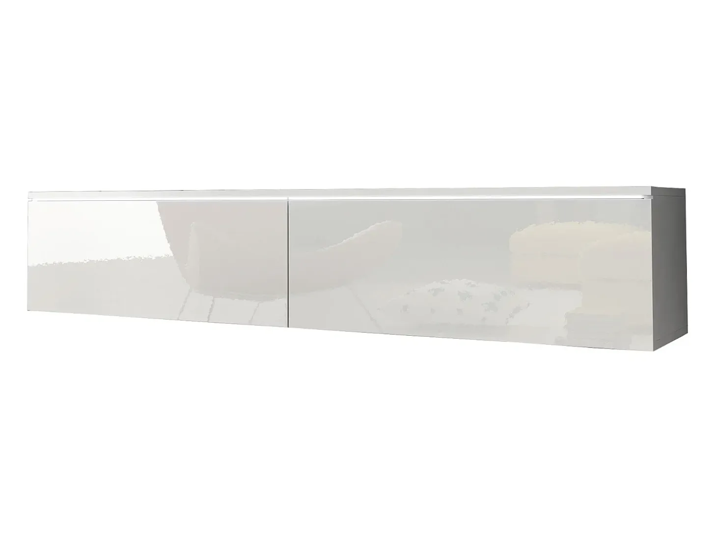 Mueble de TV moderno 140 cm para salón – 2 puertas sin tiradores, cuerpo blanco mate / frentes blanco brillo, de pie o colgante