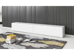 Mueble de TV moderno 180 cm para salón – 2 puertas, sin tiradores, mate + brillo, para colocar o colgar, blanco / blanco brillo
