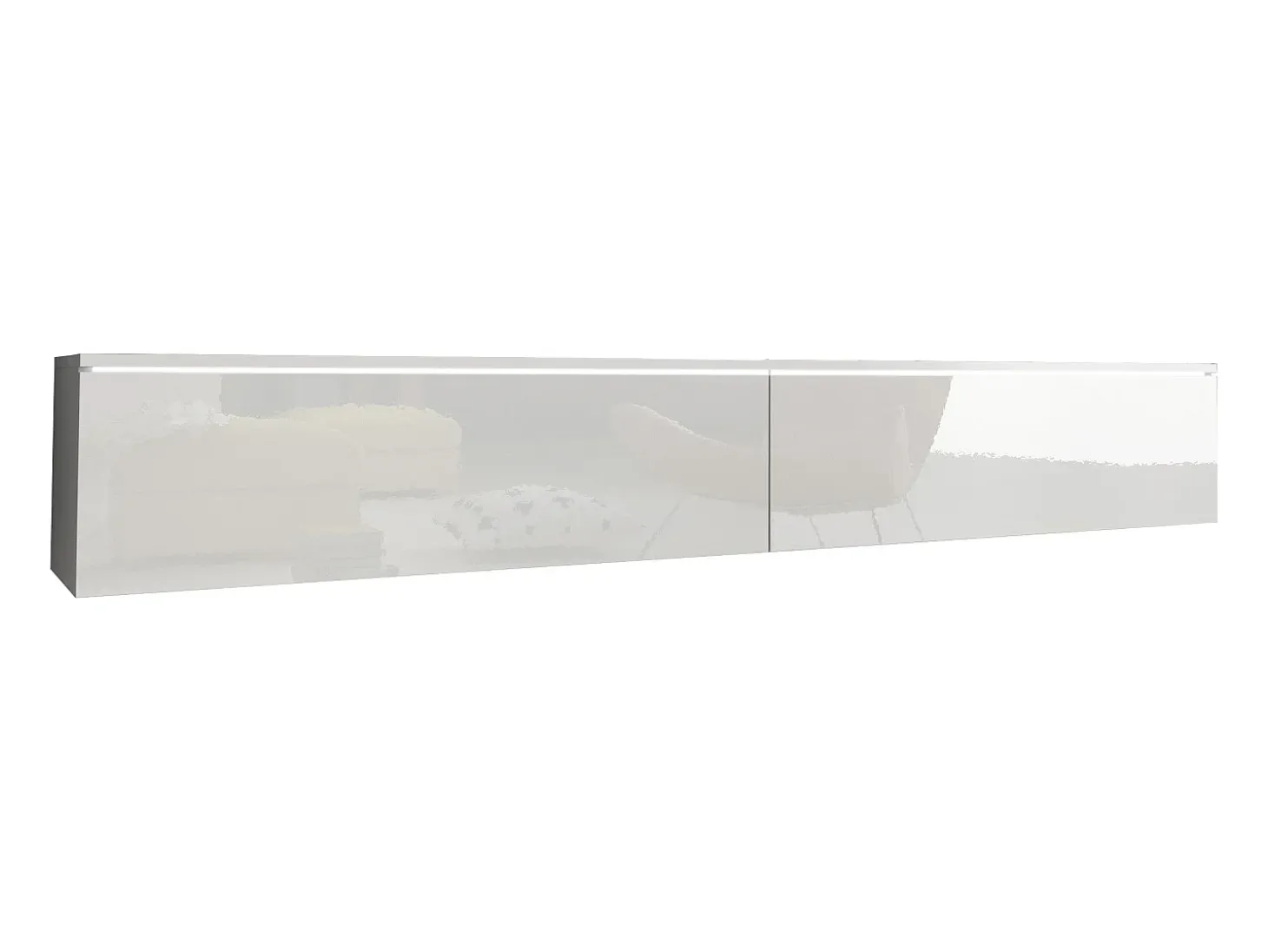 Mueble de TV moderno 180 cm para salón – 2 puertas, sin tiradores, mate + brillo, para colocar o colgar, blanco / blanco brillo