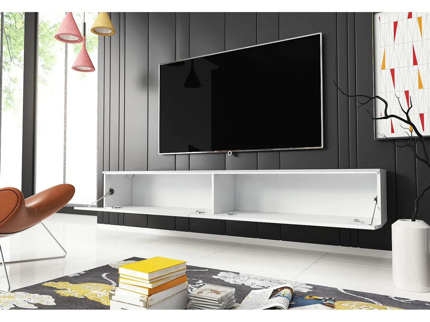 Mueble de TV moderno 180 cm para salón – 2 puertas, sin tiradores, mate + brillo, para colocar o colgar, blanco / blanco brillo