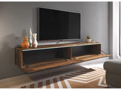 Mueble de TV moderno 180 cm para salón – 2 puertas, sin tiradores, acabado mate, para colocar o colgar, estilo vintage