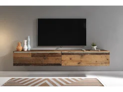 Mueble de TV moderno 180 cm para salón – 2 puertas, sin tiradores, acabado mate, para colocar o colgar, estilo vintage