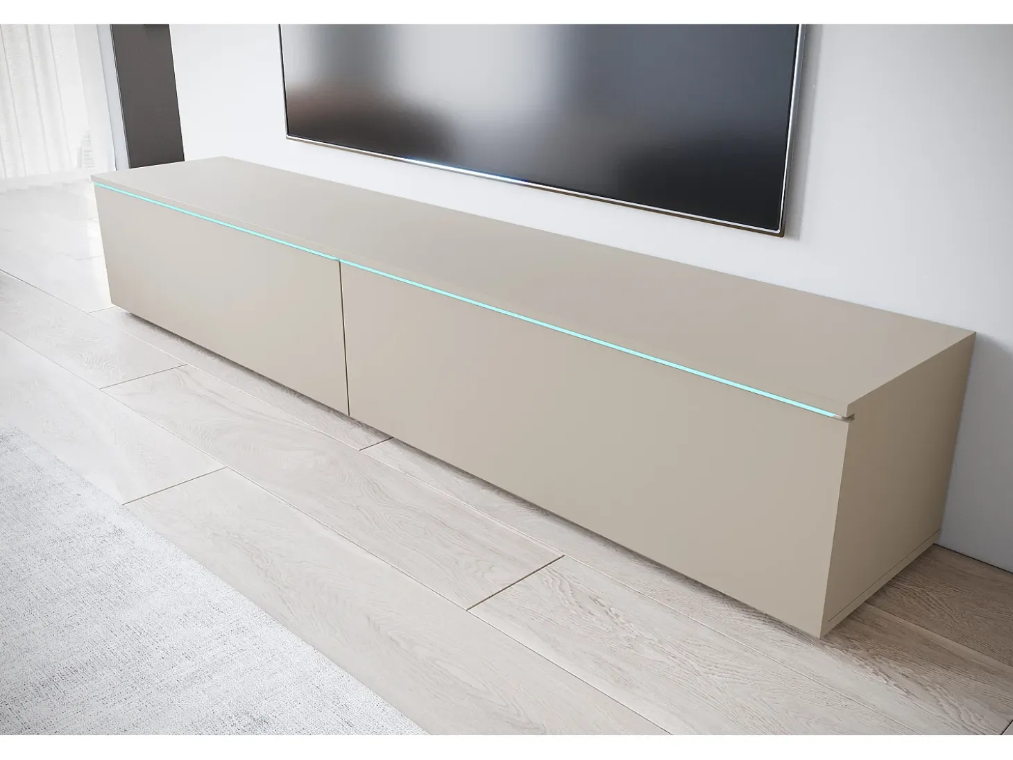 Mueble de TV moderno 180 cm para salón – 2 puertas, sin tiradores, acabado mate, para colocar o colgar, beige cachemira