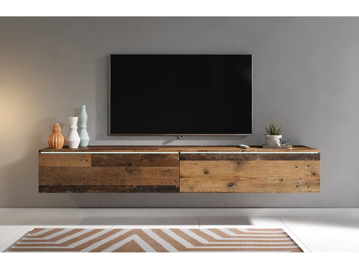Mueble de TV moderno 180 cm para salón con LED – 2 puertas, sin tiradores, old style mate, de pie o suspendido
