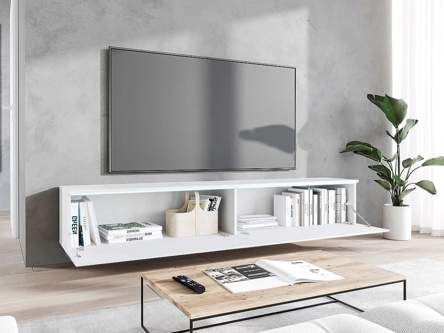 Mueble de TV moderno 180 cm con LED para salón – 2 puertas, sin tiradores, blanco mate, de pie o suspendido, frentes MDF onda