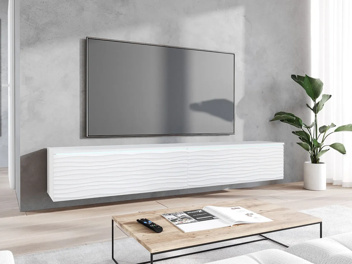 Mueble de TV moderno 180 cm con LED para salón – 2 puertas, sin tiradores, blanco mate, de pie o suspendido, frentes MDF onda