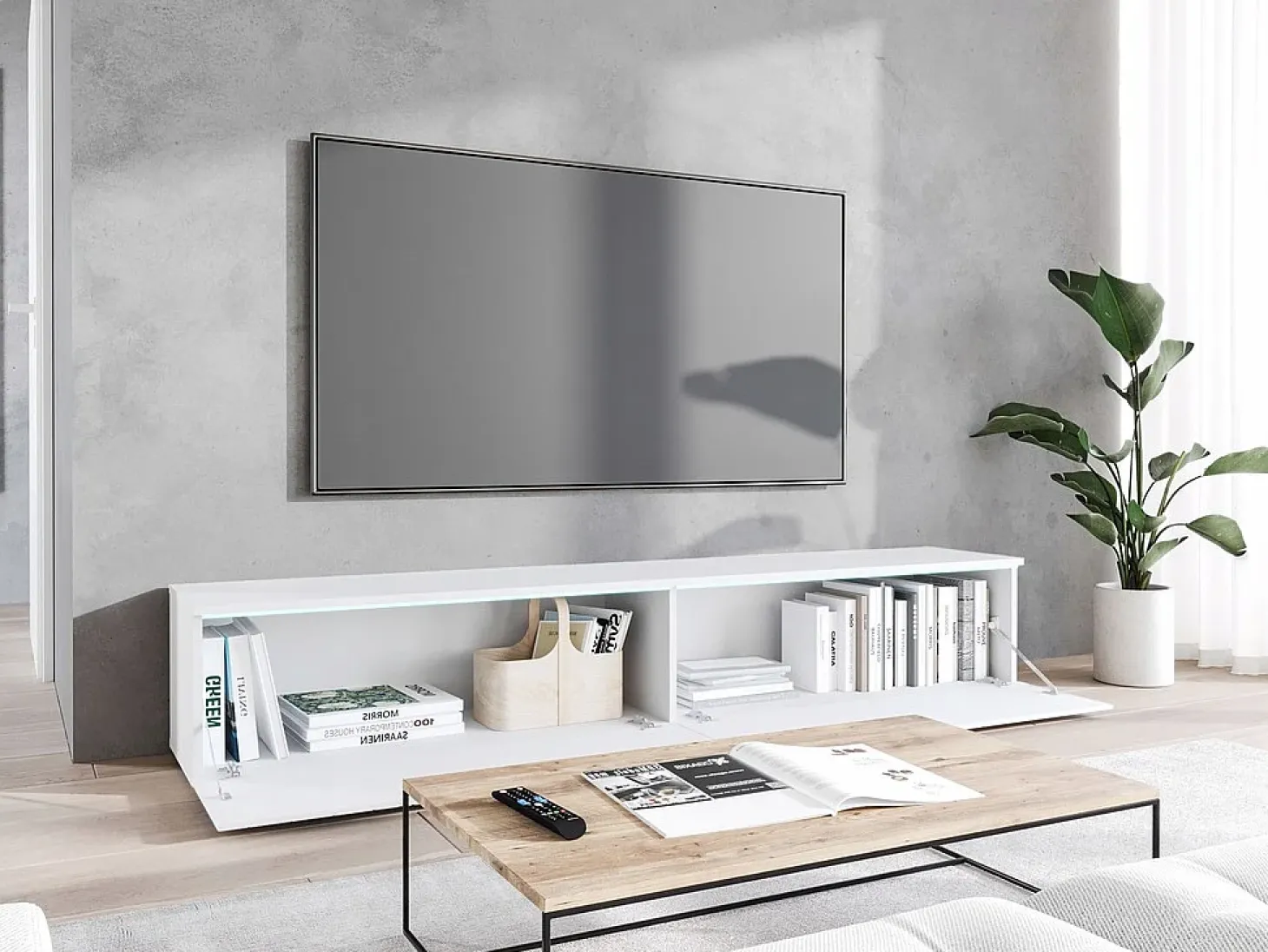 Mueble de TV moderno 180 cm con LED para salón – 2 puertas, sin tiradores, blanco mate, de pie o suspendido, frentes MDF onda