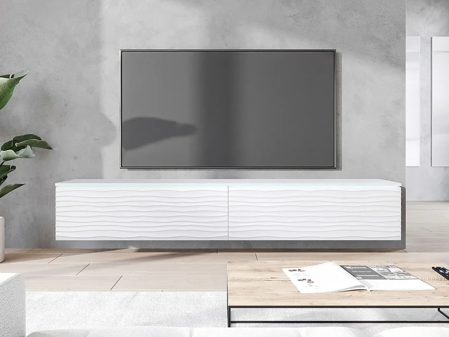 Mueble de TV moderno 180 cm con LED para salón – 2 puertas, sin tiradores, blanco mate, de pie o suspendido, frentes MDF onda