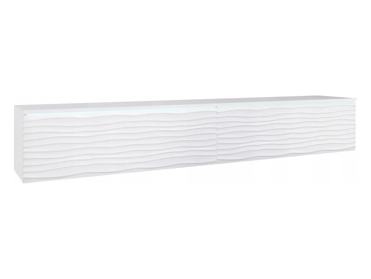 Mueble de TV moderno 180 cm con LED para salón – 2 puertas, sin tiradores, blanco mate, de pie o suspendido, frentes MDF onda