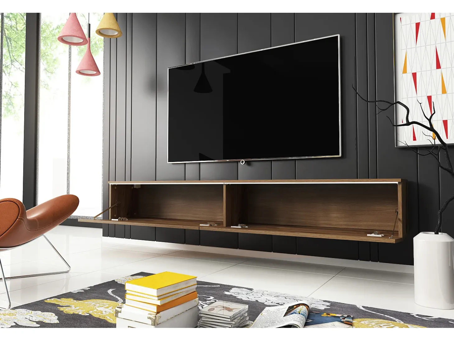 Mueble de TV moderno 180 cm para salón – 2 puertas, sin tiradores, acabado mate, para colocar o colgar, roble wotan / roble wotan