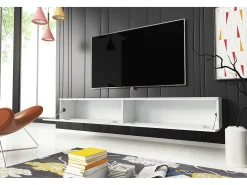 Mueble de TV moderno 180 cm para salón con LED – 2 puertas, sin tiradores, cuerpo blanco mate, frentes blanco brillo, de pie o suspendido