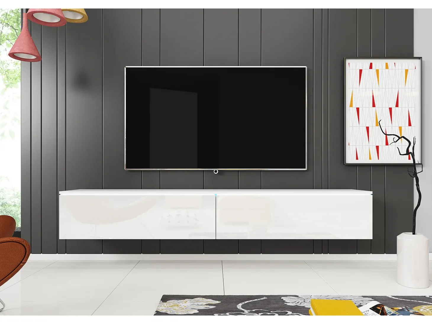 Mueble de TV moderno 180 cm para salón con LED – 2 puertas, sin tiradores, cuerpo blanco mate, frentes blanco brillo, de pie o suspendido