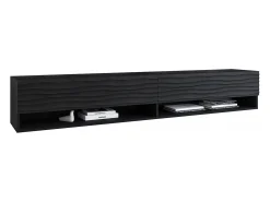 Mueble de TV moderno 180 cm – cuerpo mate, frentes MDF con ondas, sin tiradores, de pie o colgante, color grafito negro mate