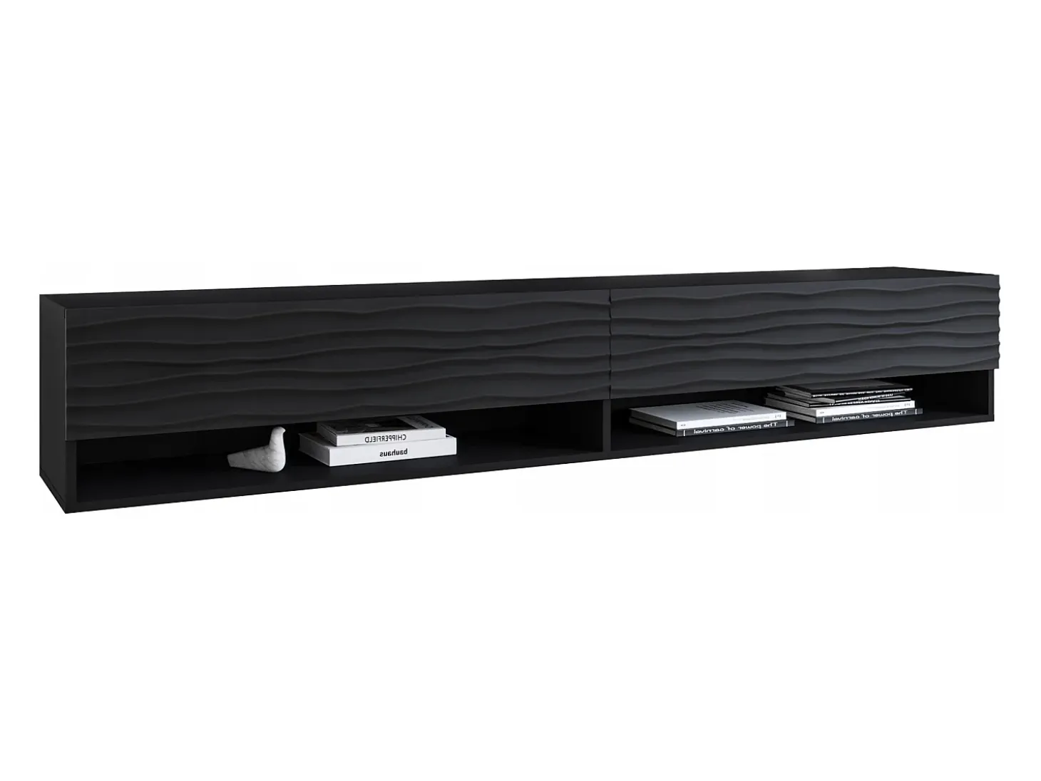 Mueble de TV moderno 180 cm – cuerpo mate, frentes MDF con ondas, sin tiradores, de pie o colgante, color grafito negro mate