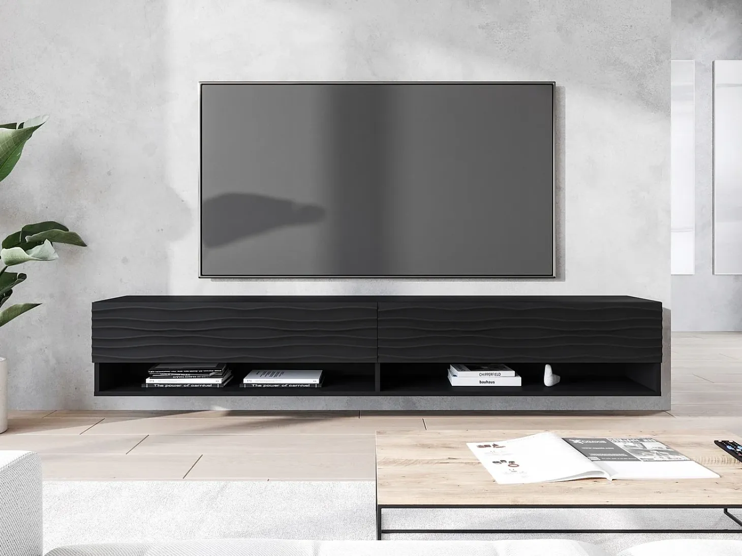 Mueble de TV moderno 180 cm – cuerpo mate, frentes MDF con ondas, sin tiradores, de pie o colgante, color grafito negro mate