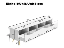Mueble de TV moderno 180 x 40 x 50 cm con LEDs - patas de metal dorado - frente de cristal y 4 cajones - MDF - blanco