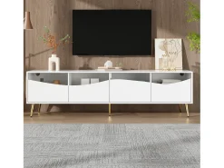 Mueble de TV moderno 180 x 40 x 50 cm con LEDs - patas de metal dorado - frente de cristal y 4 cajones - MDF - blanco
