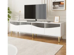 Mueble de TV moderno 180 x 40 x 50 cm con LEDs - patas de metal dorado - frente de cristal y 4 cajones - MDF - blanco