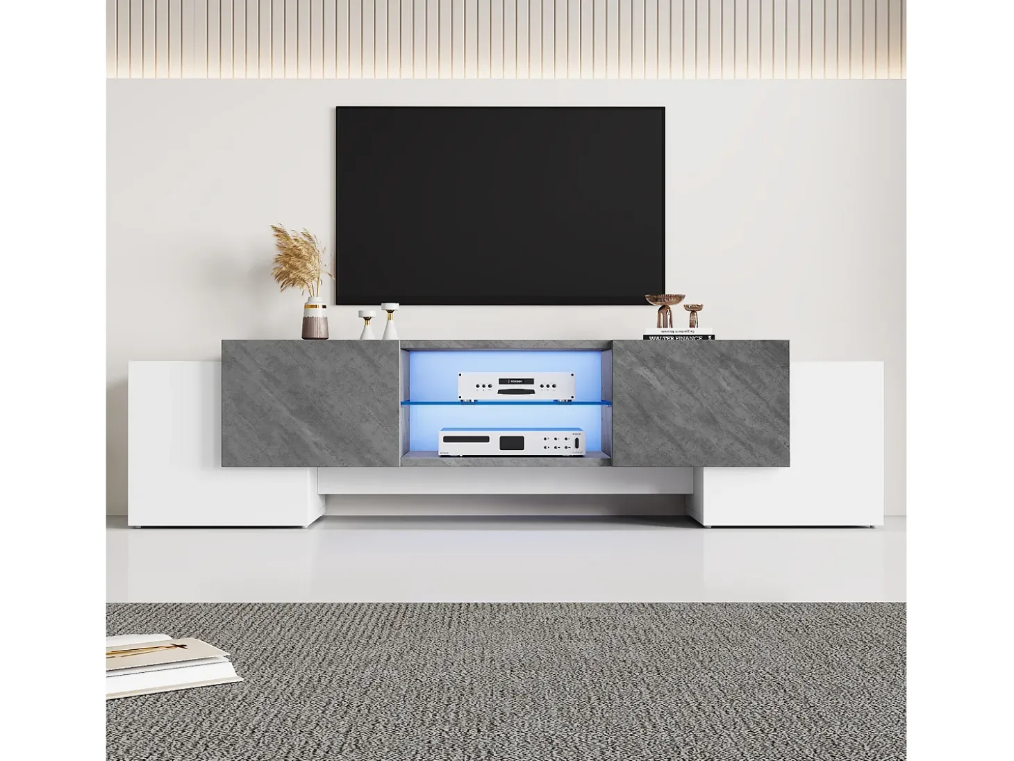 Mueble de TV moderno blanco y gris, 4 compartimentos, vidrio y MDF (180 x 40 x 46,5 cm)