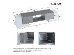 Mueble de TV moderno blanco y gris, 4 compartimentos, vidrio y MDF (180 x 40 x 46,5 cm)