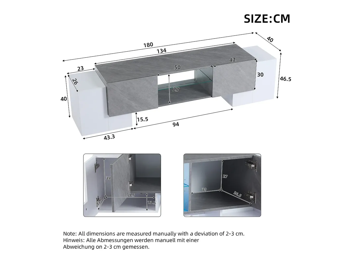 Mueble de TV moderno blanco y gris, 4 compartimentos, vidrio y MDF (180 x 40 x 46,5 cm)