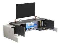 Mueble de TV moderno blanco y gris, 4 compartimentos, vidrio y MDF (180 x 40 x 46,5 cm)
