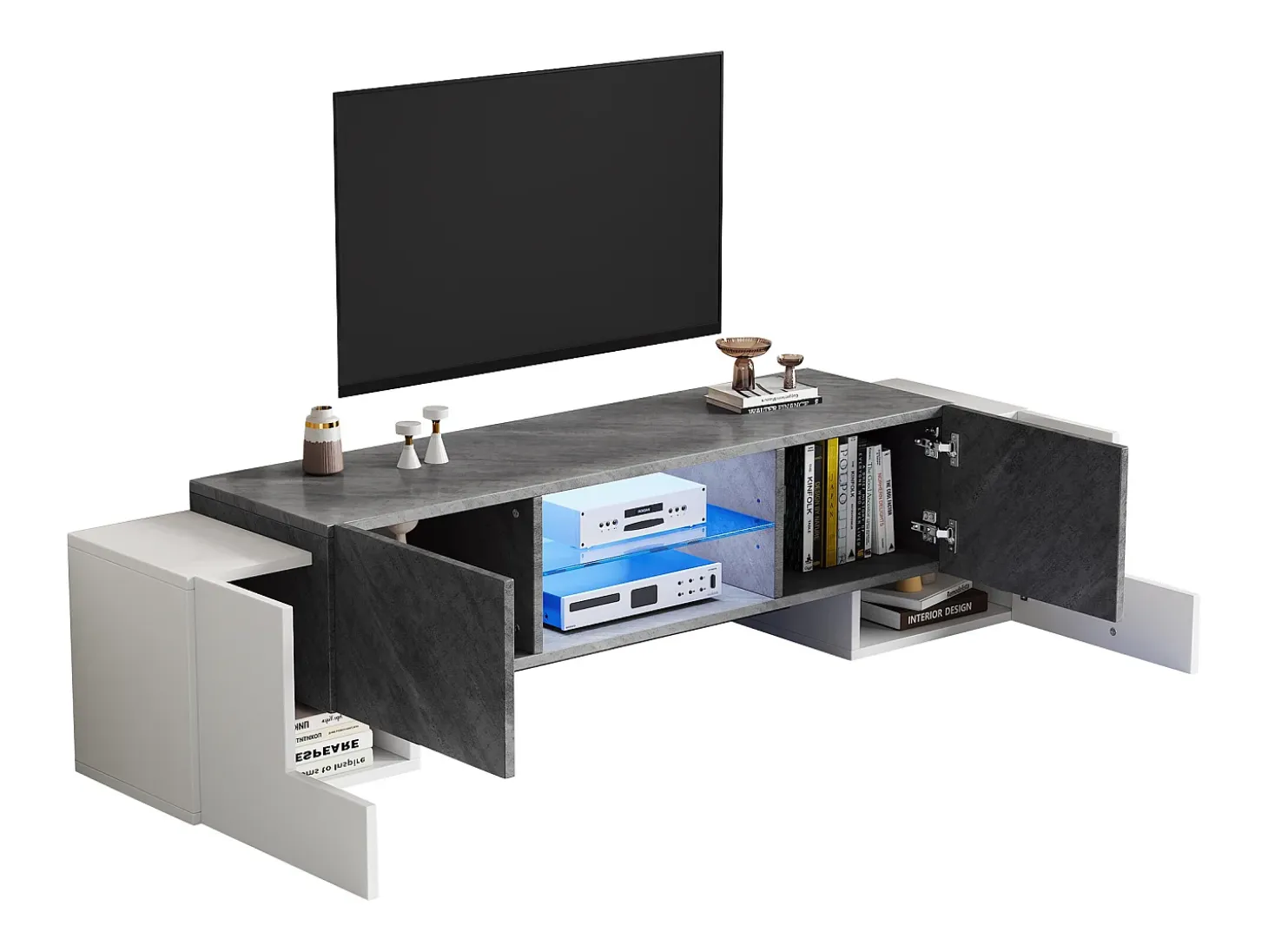 Mueble de TV moderno blanco y gris, 4 compartimentos, vidrio y MDF (180 x 40 x 46,5 cm)