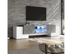 Mueble de TV moderno blanco y gris, 4 compartimentos, vidrio y MDF (180 x 40 x 46,5 cm)