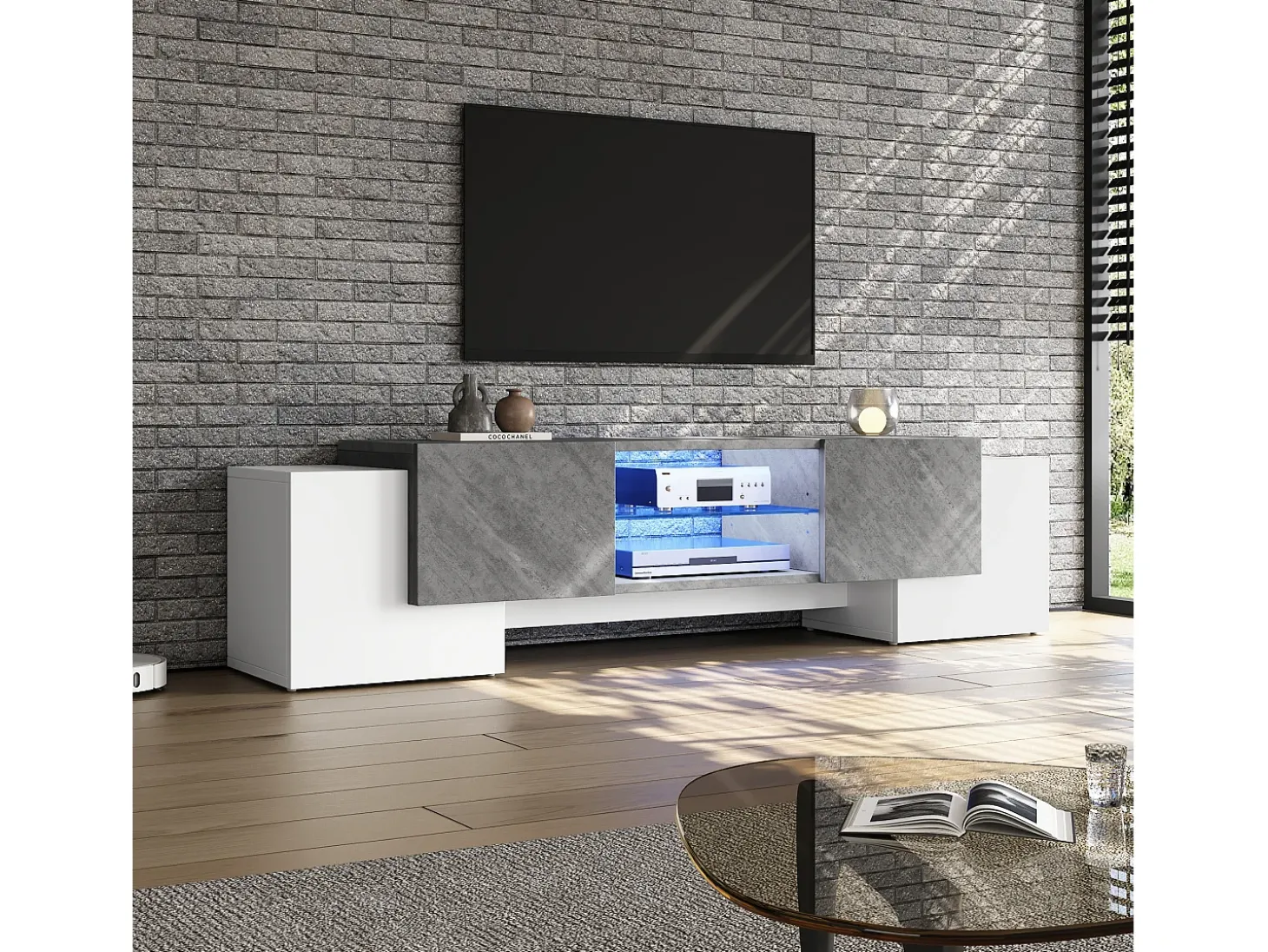 Mueble de TV moderno blanco y gris, 4 compartimentos, vidrio y MDF (180 x 40 x 46,5 cm)
