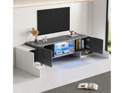 Mueble de TV moderno blanco y gris, 4 compartimentos, vidrio y MDF (180 x 40 x 46,5 cm)