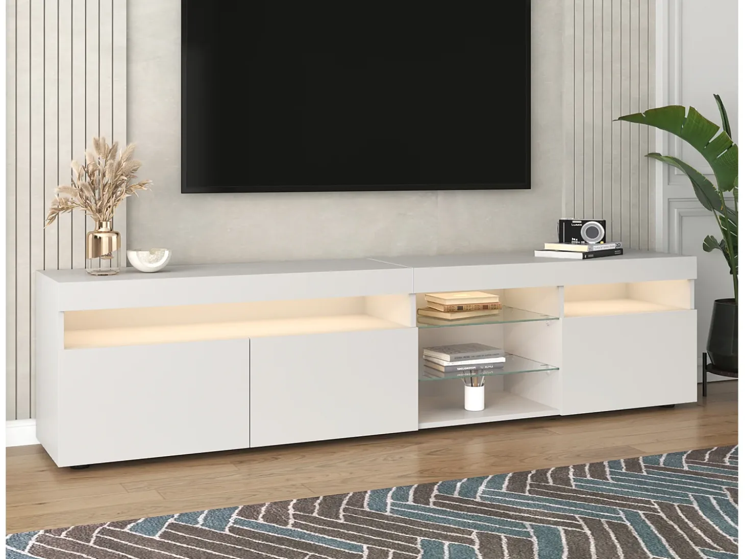 Mueble de TV moderno con 3 puertas, 2 cajones y 2 nichos - LED - largo 180cm - para salón - lacado blanco