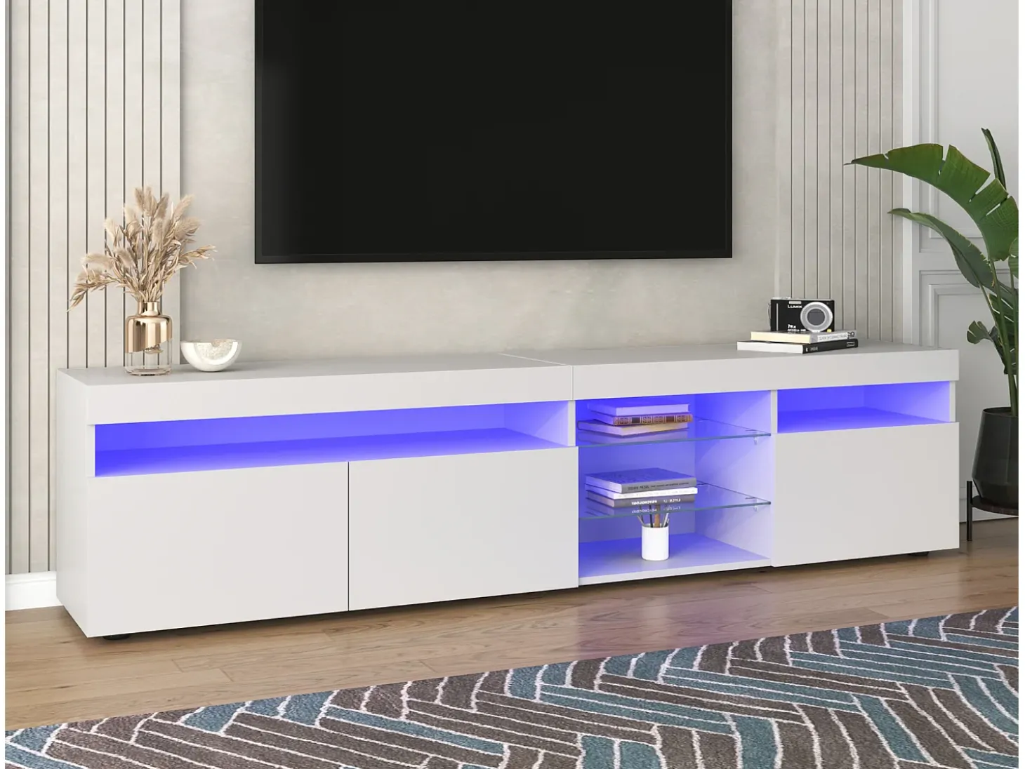 Mueble de TV moderno con 3 puertas, 2 cajones y 2 nichos - LED - largo 180cm - para salón - lacado blanco
