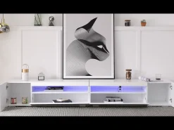 Mueble de TV moderno con 4 puertas y 2 nichos - LEDs - Largo 240cm - Madera MDF - Color blanco