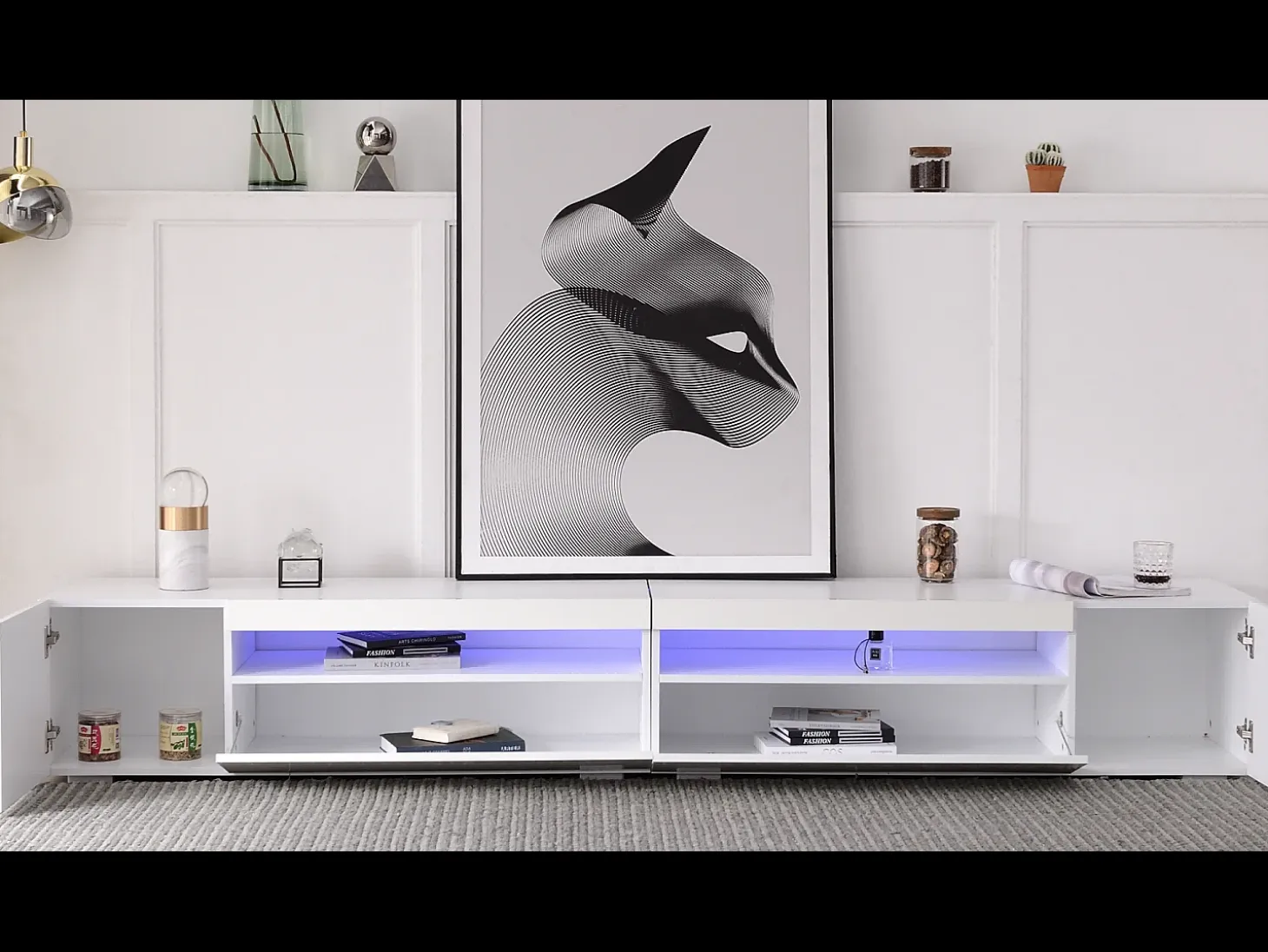 Mueble de TV moderno con 4 puertas y 2 nichos - LEDs - Largo 240cm - Madera MDF - Color blanco