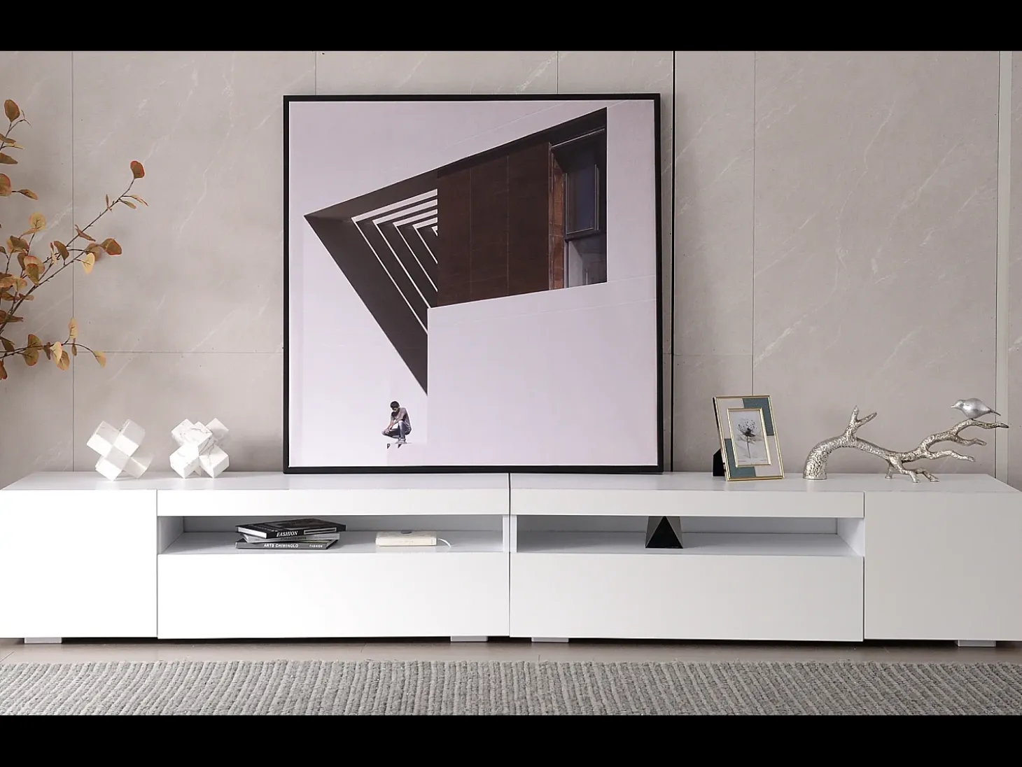 Mueble de TV moderno con 4 puertas y 2 nichos - LEDs - Largo 240cm - Madera MDF - Color blanco
