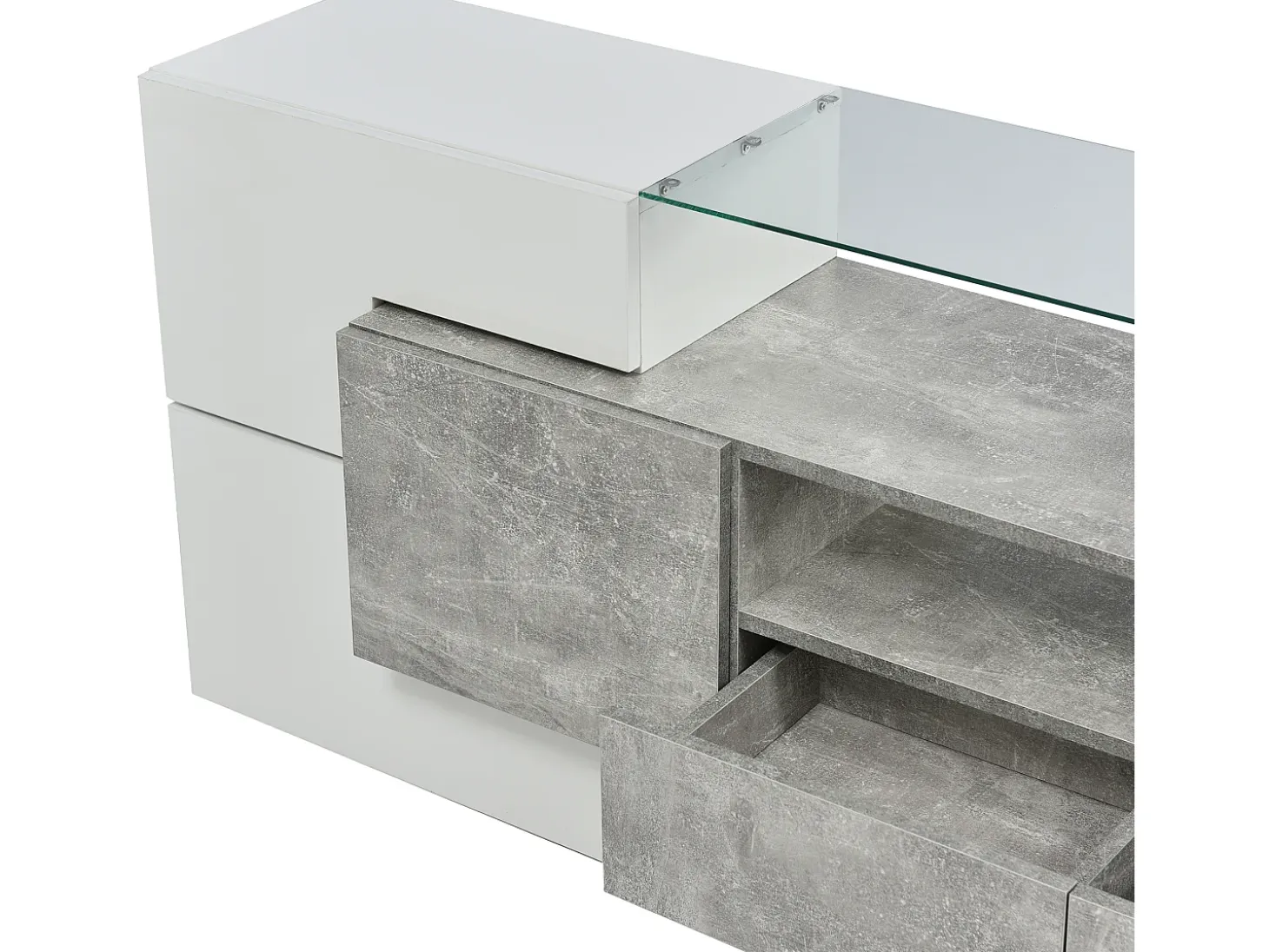 Mueble de TV moderno con 4 puertas, 2 cajones y 2 nichos - Acabado blanco brillo - LEDs - Largo 200cm - Color gris