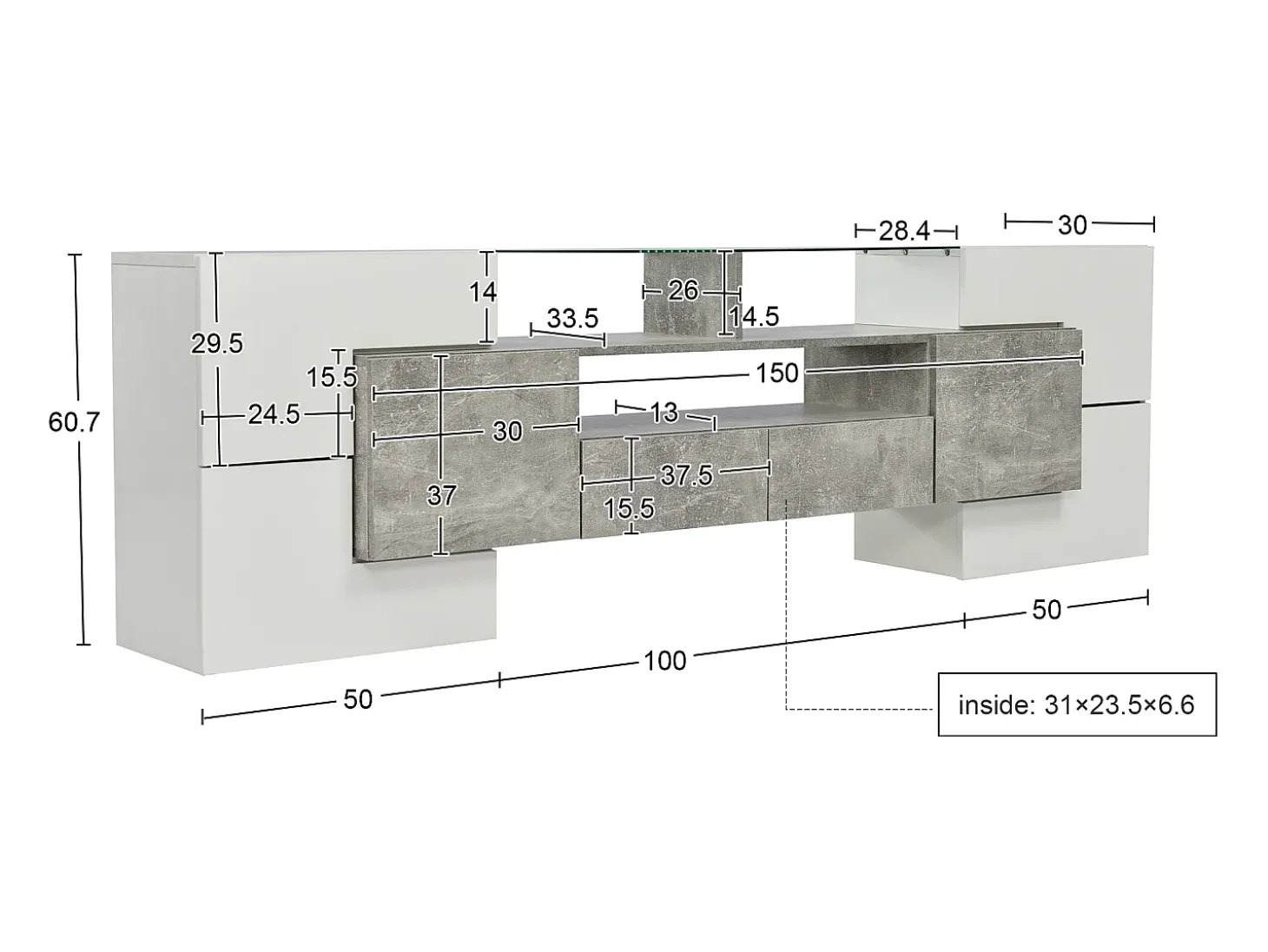 Mueble de TV moderno con 4 puertas, 2 cajones y 2 nichos - Acabado blanco brillo - LEDs - Largo 200cm - Color gris