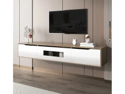 Mueble de TV moderno con 3 puertas de alto brillo, iluminación LED, tablero de partículas, color: roble y blanco