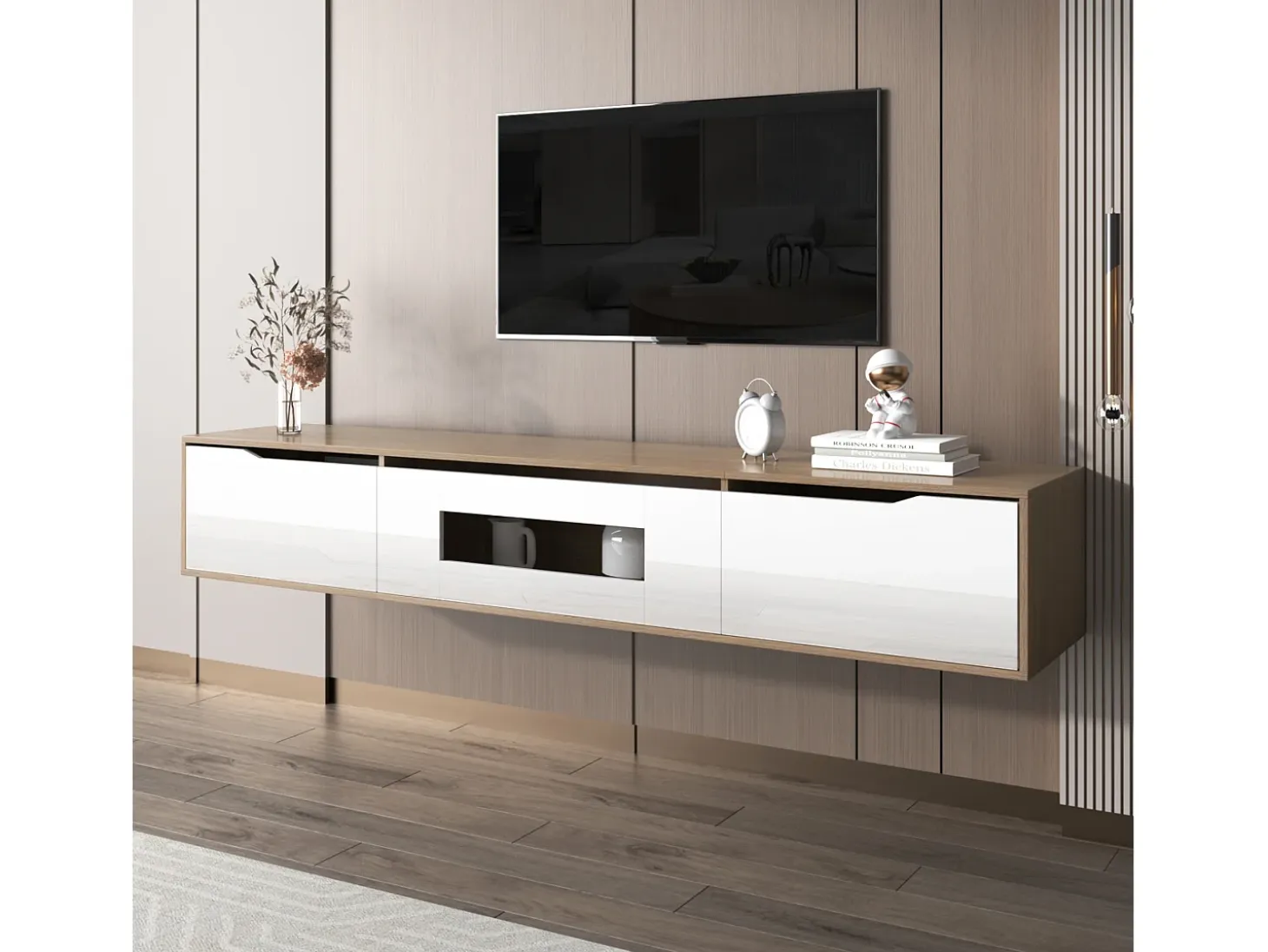 Mueble de TV moderno con 3 puertas de alto brillo, iluminación LED, tablero de partículas, color: roble y blanco