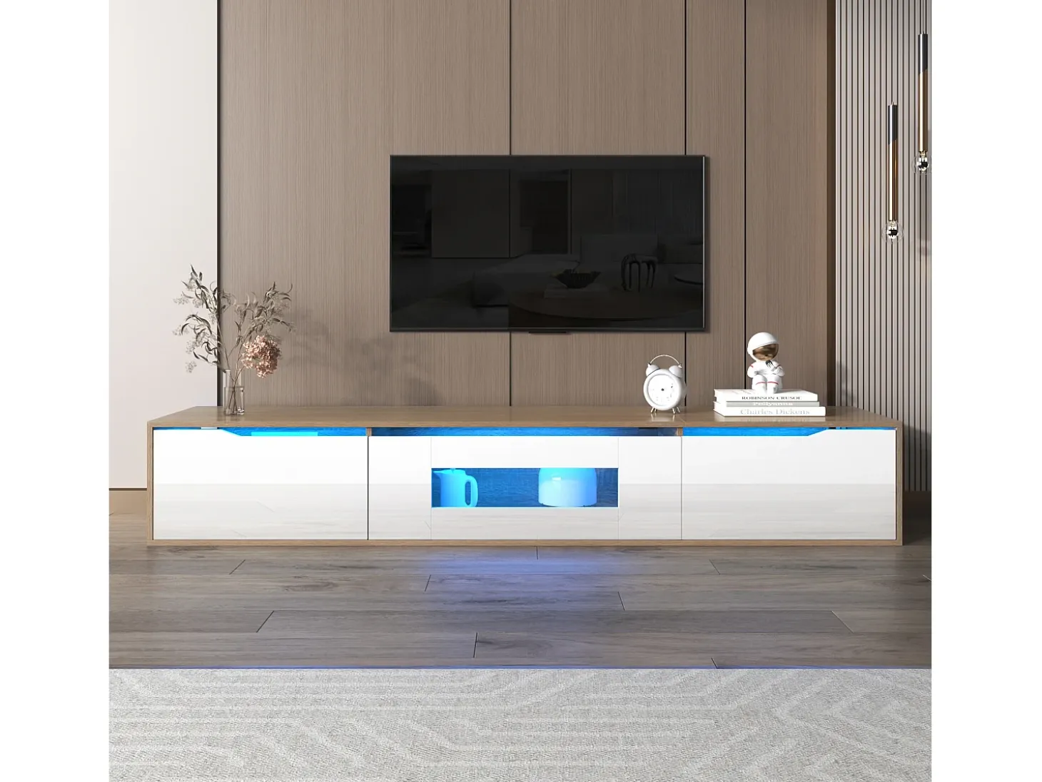 Mueble de TV moderno con 3 puertas de alto brillo, iluminación LED, tablero de partículas, color: roble y blanco