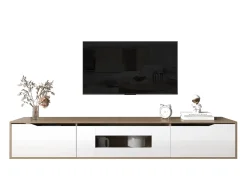 Mueble de TV moderno con 3 puertas de alto brillo, iluminación LED, tablero de partículas, color: roble y blanco