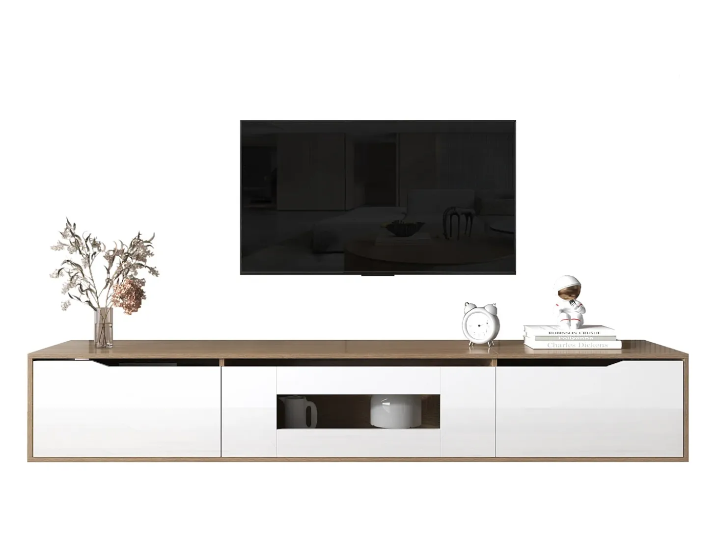 Mueble de TV moderno con 3 puertas de alto brillo, iluminación LED, tablero de partículas, color: roble y blanco